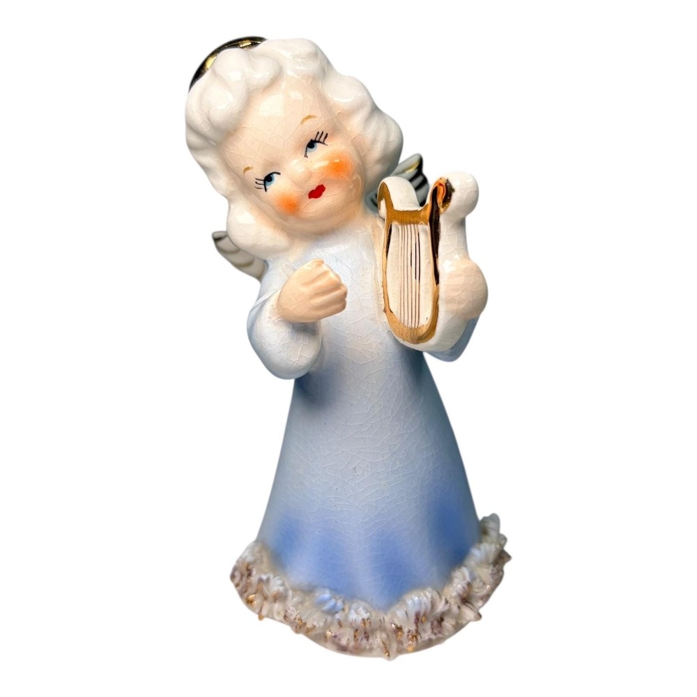 1950s MCM Japan Harp Angel Figurine Spaghetti Trim Blue Dress Gold Accents